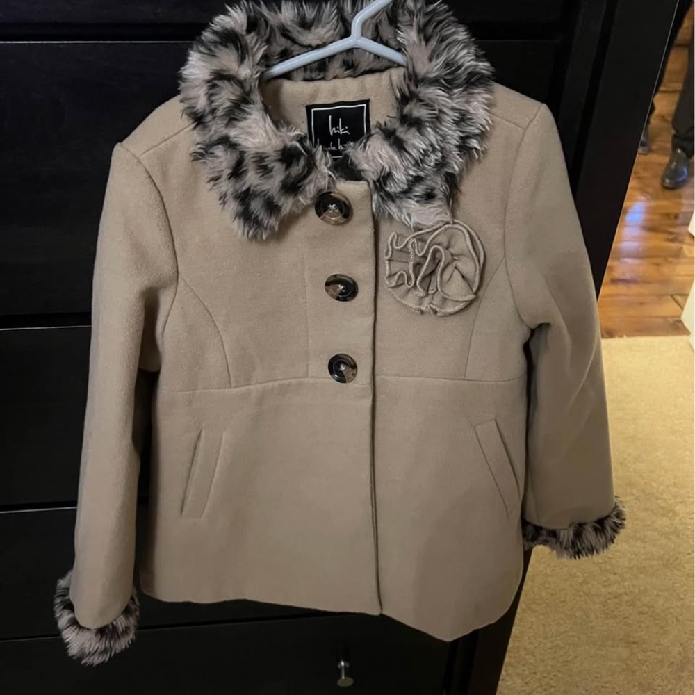 Kids Nicole Miller Tan Faux Fur Trim Coat